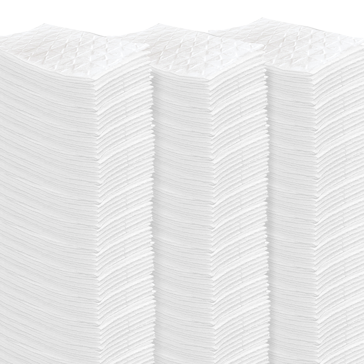 Lola dry sweeping cloth refills 96-count hero shot with three tall stacks of white embossed dry cloths