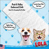 Lola infographic showing peak and valley embossed cloth for sweeping pet hair, loose top and tight bottom fiber layers, dog and cat imagery