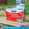 In-store retail shelf: Lola Dry Sweeping Cloth Refills 32-pack red and blue box alongside Swiffer products; Swiffer Sweeper compatible