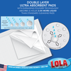 Lola double layer ultra absorbent cleaning pads with expanding polymer hold 2.5x more liquid than standard pads; water absorption diagram