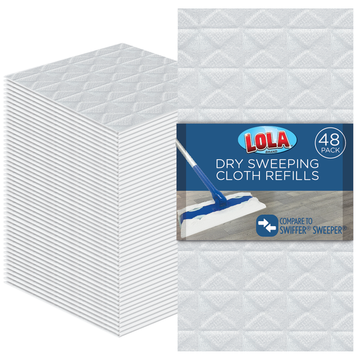 Lola Dry Sweeping Cloth Refills 48-pack, white embossed cloths with retail packaging labeled Compare to Swiffer Sweeper