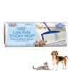 Lola Rola Sticky Mop Refill roll beside box label, 30 large sheets for dirt, dust, crumbs, debris, pet hair, with beagle dog and gray cat