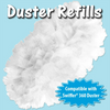 Duster Refills infographic: fluffy white duster refill head with starburst badge, compatible with Swiffer 360 Duster