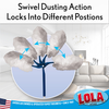 Swivel dusting action locks into different positions, with duster head shown rotating in multiple directions