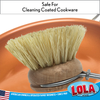 Lola small replacement head seated in a copper pan, showing natural fiber bristles safe for cleaning coated cookware
