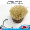 Closeup of Lola small replacement head bristle underside with wire clip attachment, made of high quality renewable birch hardwood