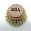 Lola large Tampico vegetable dish brush replacement head, top view: round birch wood disc, tan Tampico bristles, stamped logo
