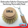 Lola dishwasher-safe removable replacement brush head for cleaning and sanitizing, shown next to wire and wooden-handled brush