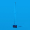 A blue and black sticky mop with a long handle and white accent bands, standing vertically against a solid blue background.