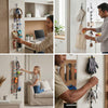 Collage of Lola Clip Strip black hanging organizer in office, kitchen, living room and garage holding headphones, mitts, leashes, tools