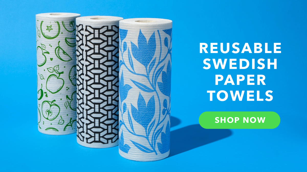 Three reusable Swedish paper towel rolls with printed patterns are shown on a bright blue background next to white text reading 'REUSABLE SWEDISH PAPER TOWELS' and a green 'SHOP NOW' button.